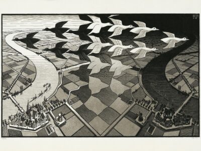 Maurits Cornelis Escher Giorno e notte, 1938 Xilografia, 391x677 mm Collezione M.C. Escher Foundation, Paesi Bassi All M.C. Escher works © 2024 The M.C. Escher Company. All rights reserved mcescher.com